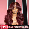 Curtain Bangs Layered Wig 99J/Reddish Brown/Dark Brown/Highlight Body Wave Pre Cut 6x5 Lace Wear Go Wig