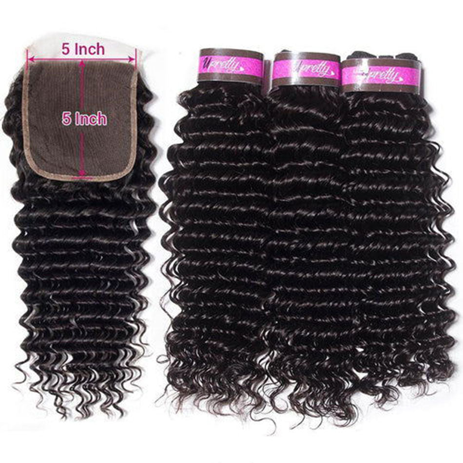 5x5 HD Lace Closure Deep Wave Weave 3 Bundles Human Hair With HD Closu ...