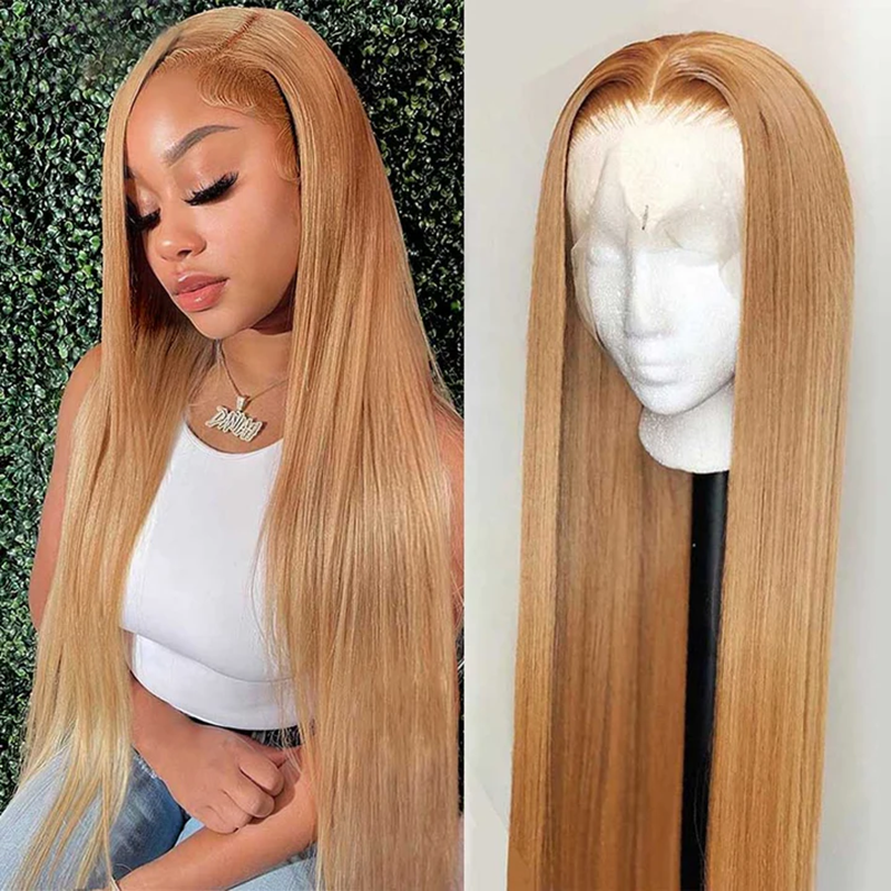 Honey Blonde #27 Colored Straight Hair Glueless 6x5 13x4 HD Lace